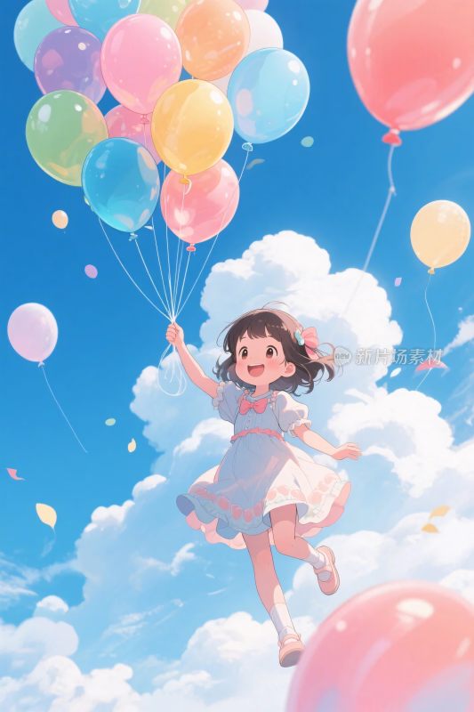 卡通女孩放彩色气球