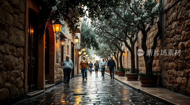 雨后石板小巷漫步时光