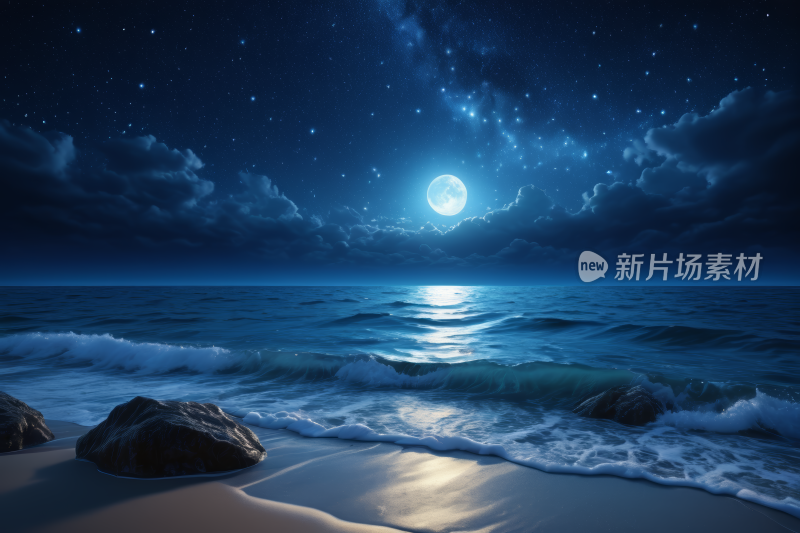 海洋和岩石上有星星和月亮的夜空高清图片