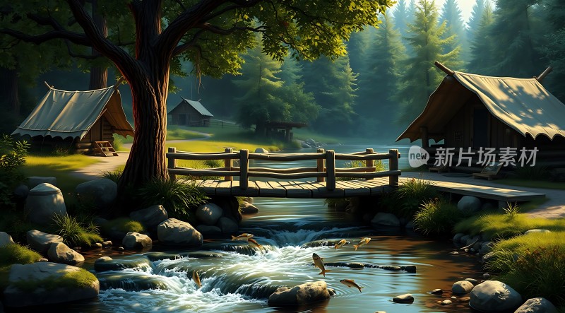 森林小溪旁的宁静木屋