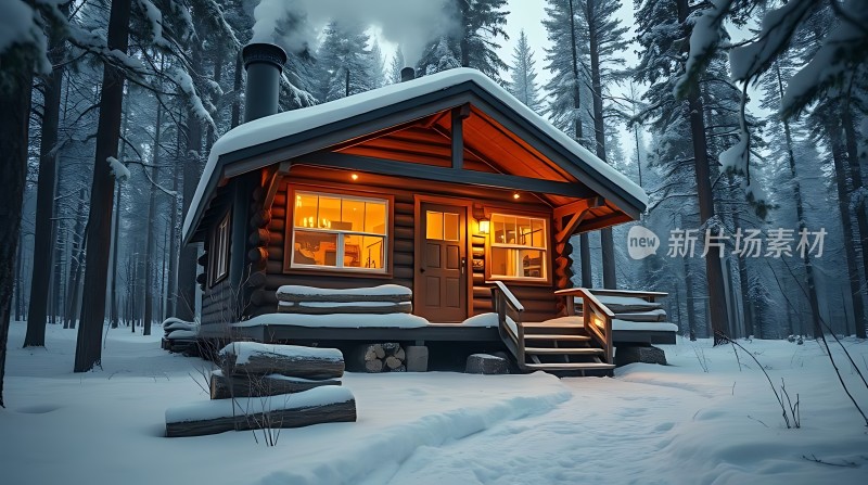 雪夜小木屋温馨灯光