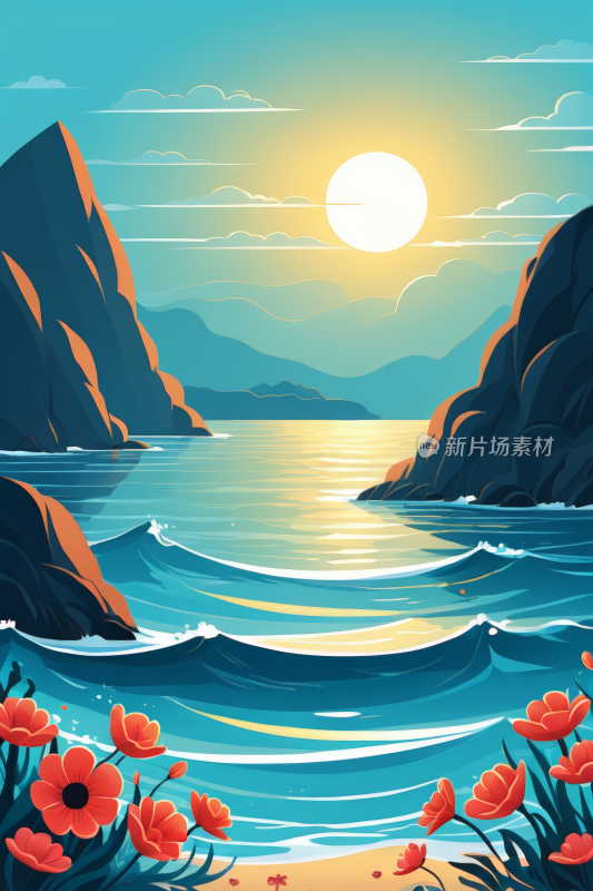 美丽的海滩场景大海和山脉的插图背景图片