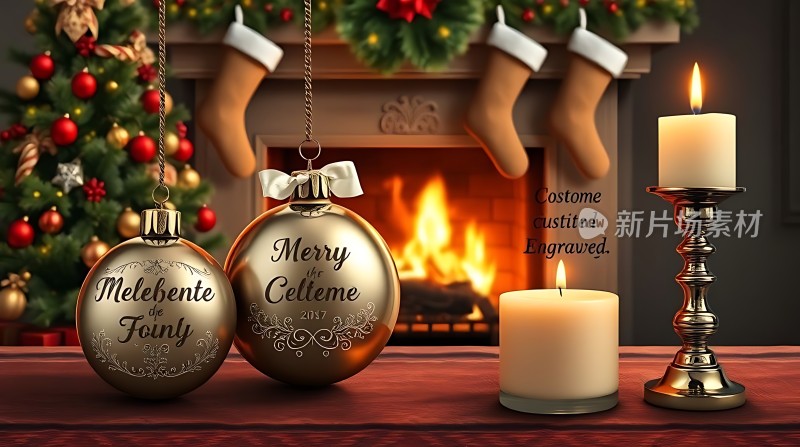 温馨圣诞装饰火炉旁的节日氛围