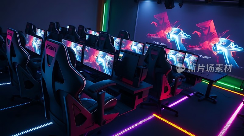电竞馆内赛车风格座椅与炫彩灯光交相辉映营造沉浸式游戏体验