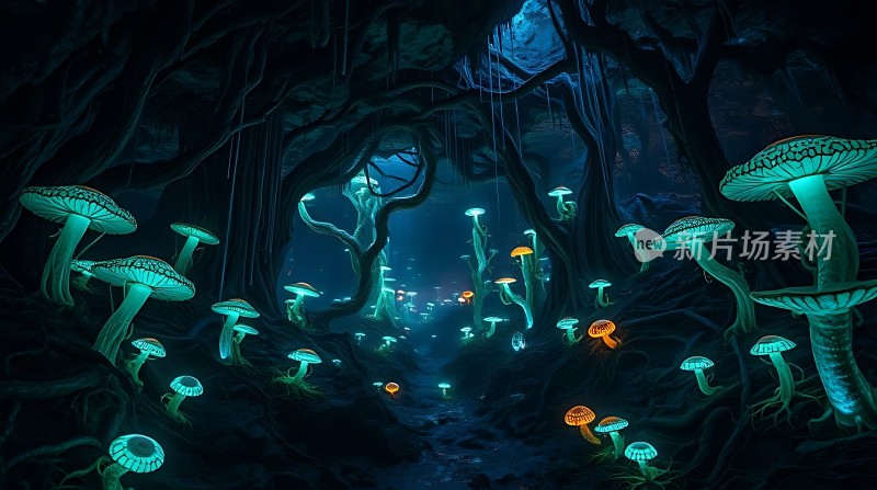 神秘洞穴中的荧光蘑菇世界