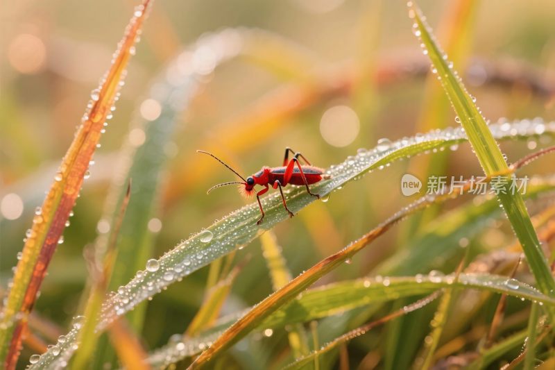 晨露中红色小虫栖于草叶