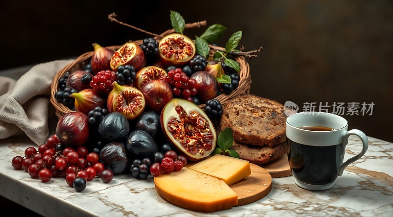 水果拼盘咖啡面包奶酪
