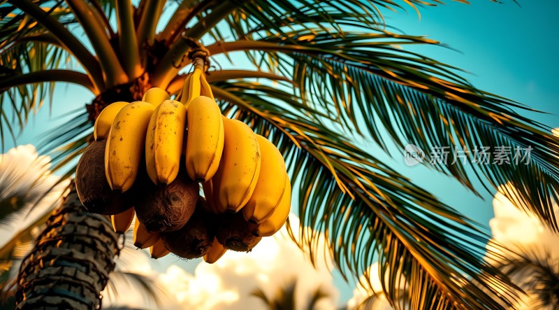 阳光下的热带风情椰树与香蕉共舞