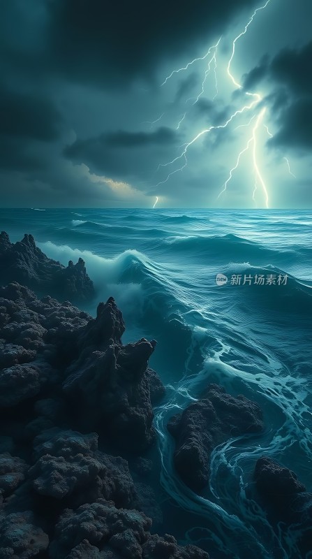 暴风雨中的海浪与闪电