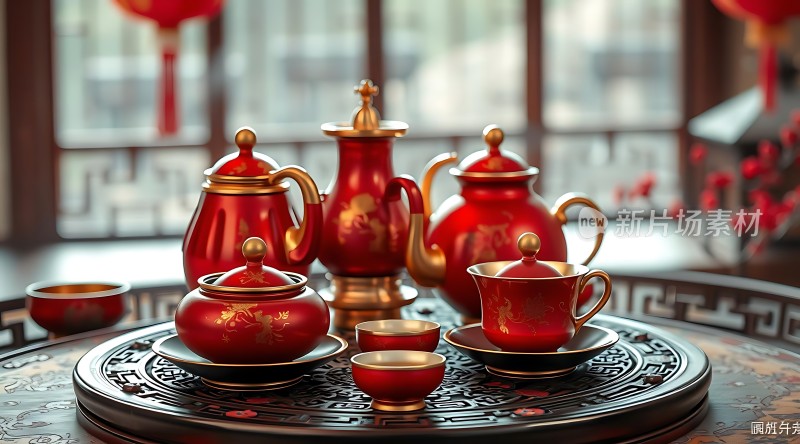 红色茶具套装展示