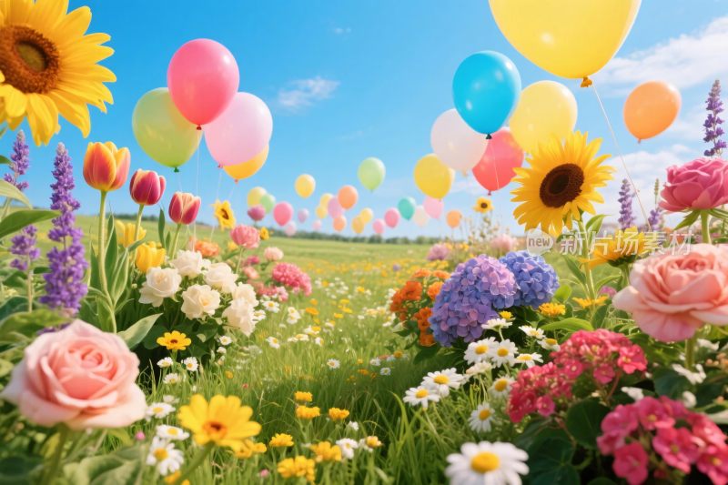 鲜花草地彩色气球场景