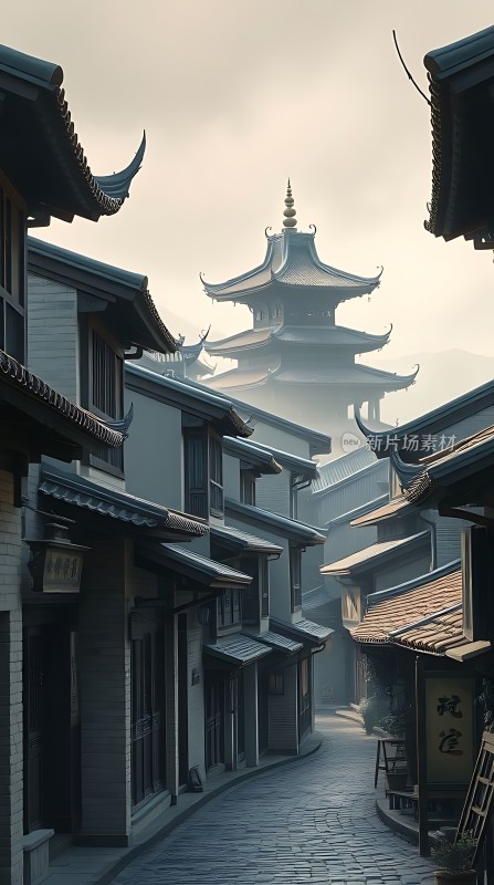 古街晨雾中的多层塔楼
