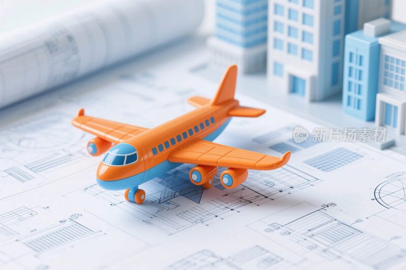 橙色小飞机与建筑图纸