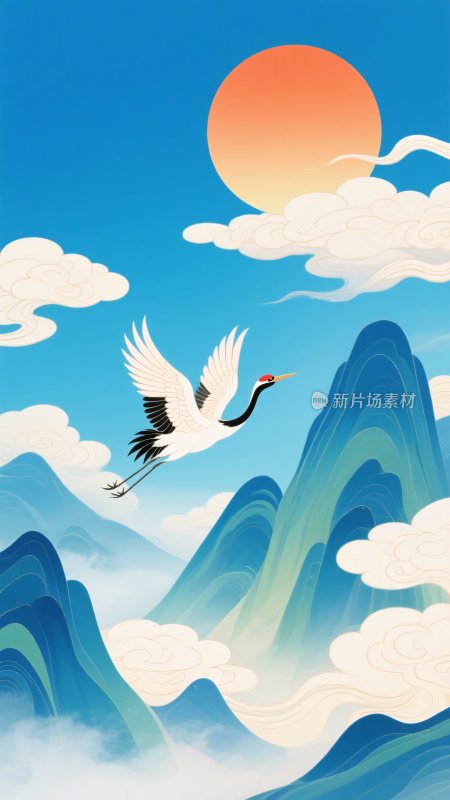 飞鹤伴山日插画