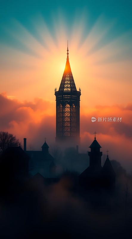 日出时分的教堂塔楼剪影