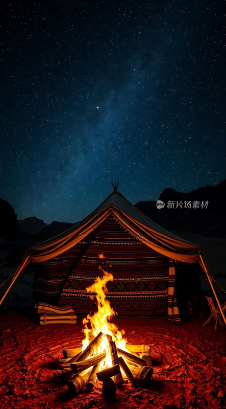 星空下的篝火旁温馨帐篷夜宿体验