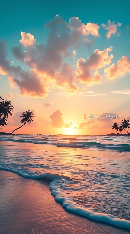 日落椰林海浪轻拍沙滩