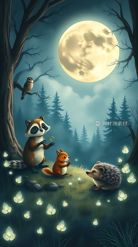 森林夜话月光下的动物聚会