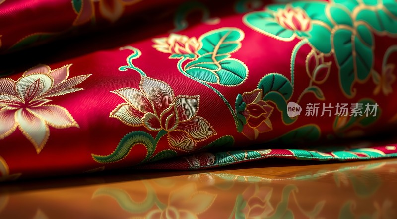 红色花卉图案布料展示