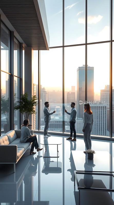 现代办公空间全景落地窗城市天际线商务洽谈场景