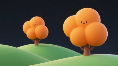 卡通拟人化树木与山丘插画