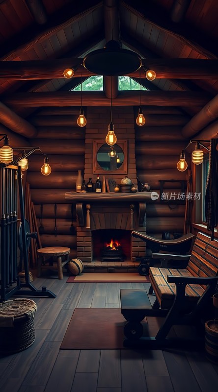温馨小屋木制家具与壁炉营造舒适氛围