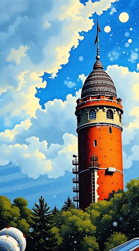 蓝天下的红色塔楼与绿色树木相映成趣