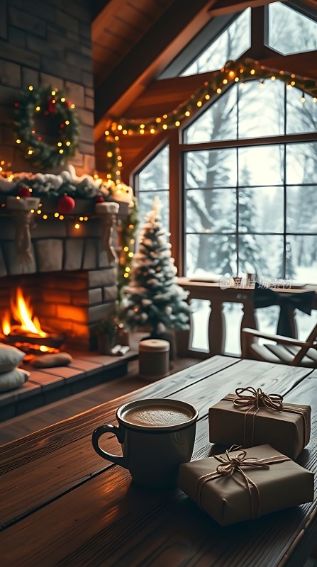 温馨圣诞夜壁炉旁的温暖时光