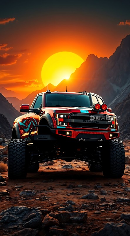 红色越野车在日落时分的山脉中行驶