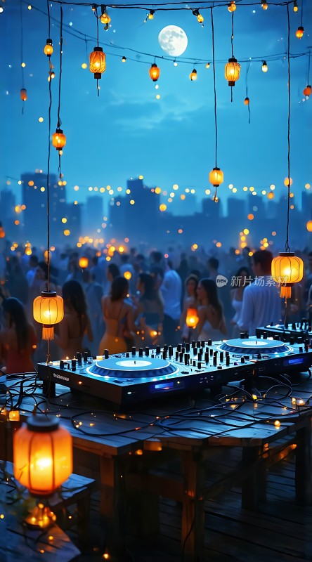 夜幕下的音乐派对灯光闪烁DJ台前等待开场