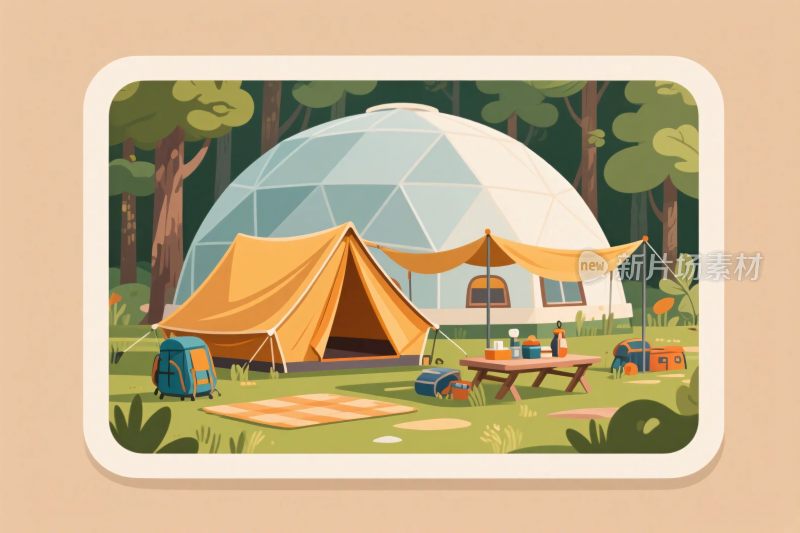 森林中的露营场景插画