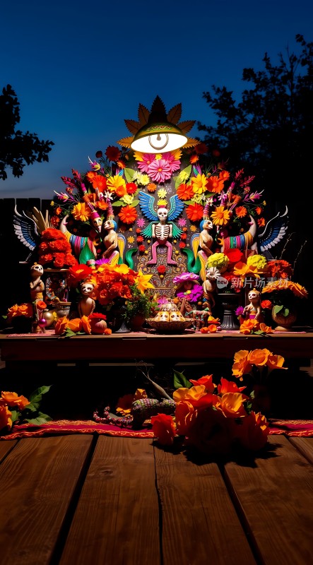 色彩斑斓的花卉祭坛中央有骷髅和眼睛图案周围环绕着各种装饰物