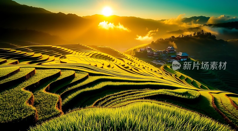 梯田晨曦阳光洒满大地