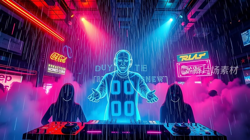 霓虹雨夜DJ掌控节奏烟雾环绕霓虹灯闪烁