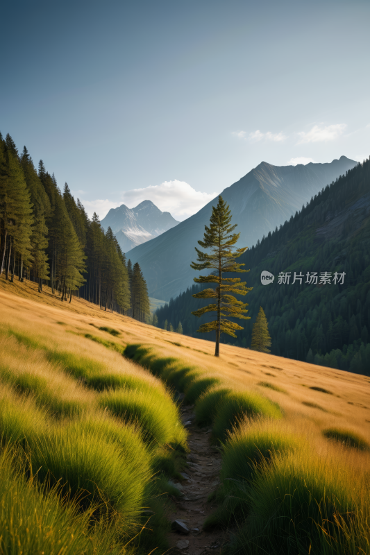 田野里的草地小路一棵孤树高清风景图片