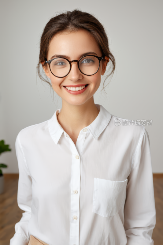 戴着眼镜的微笑女人站在白色的墙前高清图片