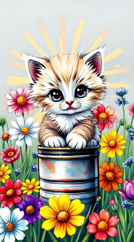 阳光下的花丛中可爱小猫