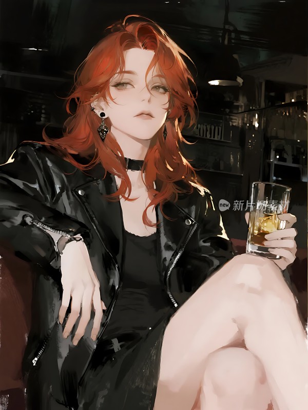 红发女子持酒杯黑色皮衣显酷帅