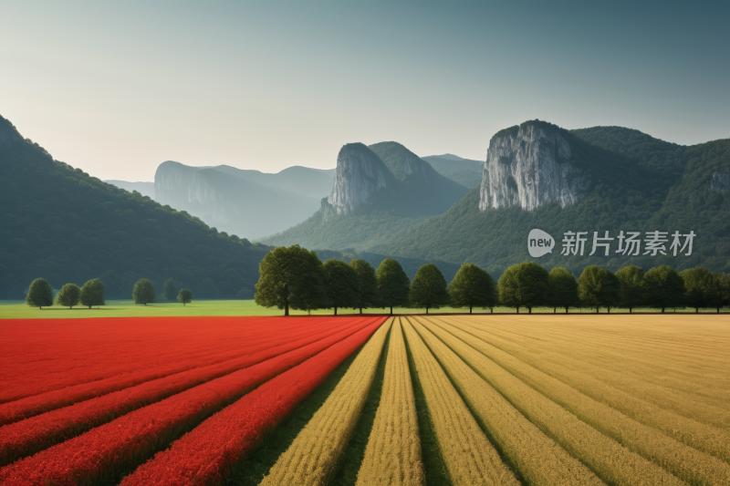 山脉一片红色的花田风光风景图片