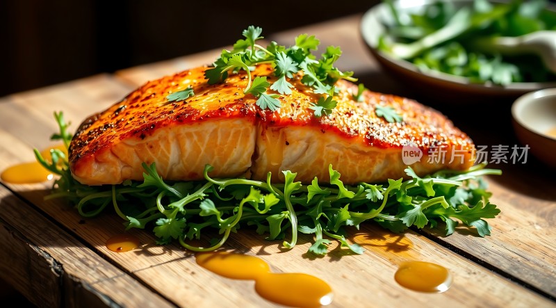 香煎三文鱼配香菜