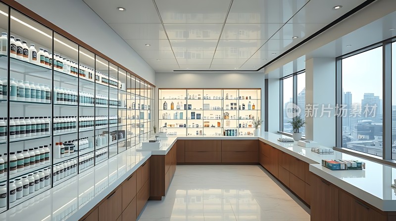 现代药房设计整洁明亮的空间展示各种药品和保健品