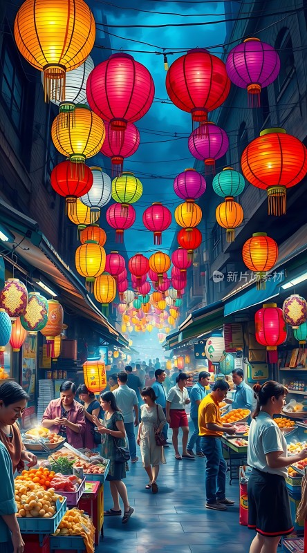 夜市灯笼下的繁华街景