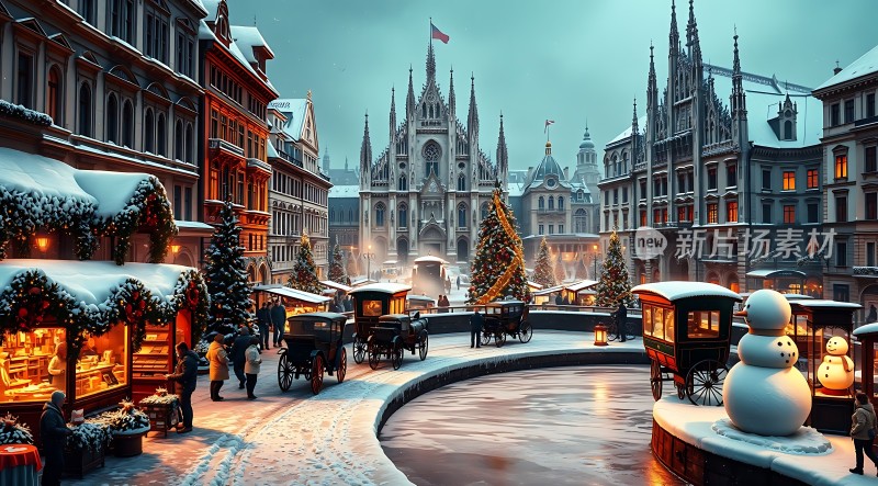 冬日圣诞集市雪景下的节日氛围