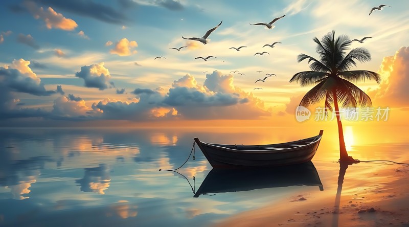 椰林晚霞映小船