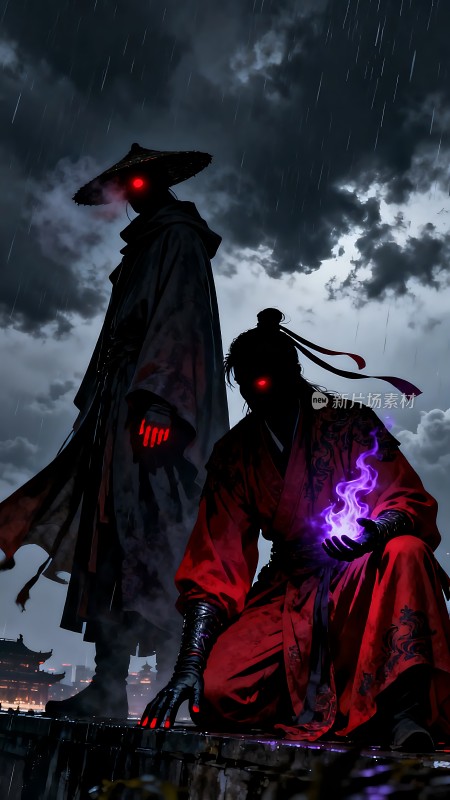 雨夜中的神秘术士与火焰魔法师