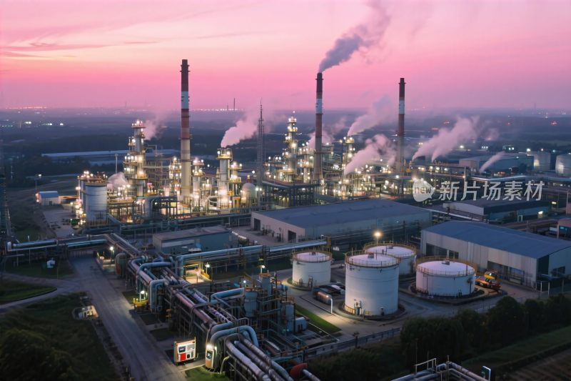 黄昏下的大型工业炼油厂