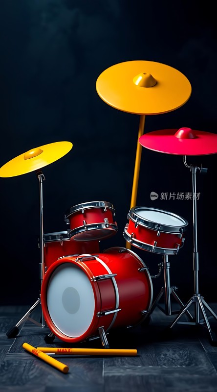 红色架子鼓与黄色镲片