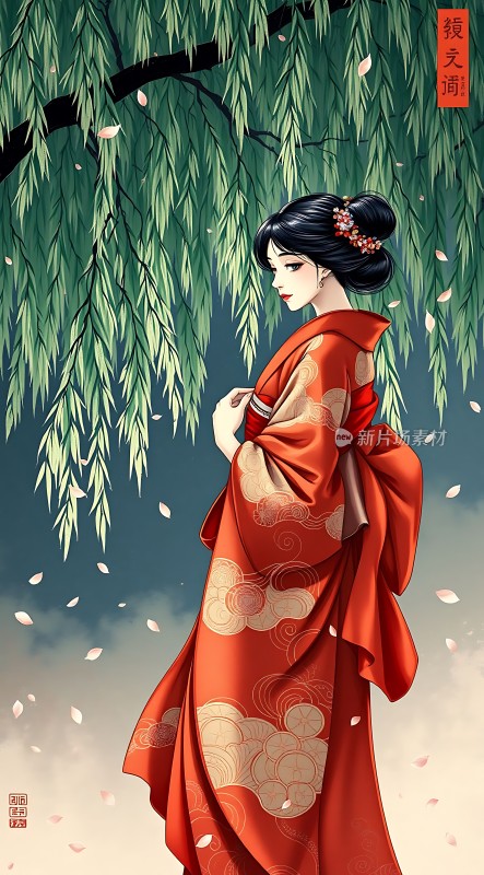 红衣佳人柳下立