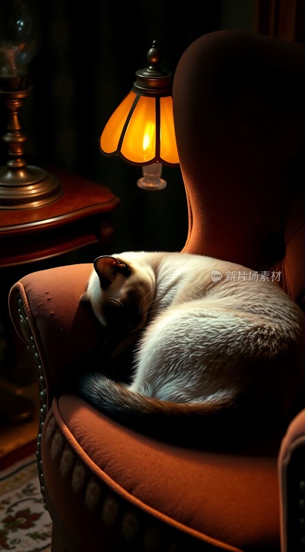 昏黄灯光下猫咪慵懒地躺在红色沙发上