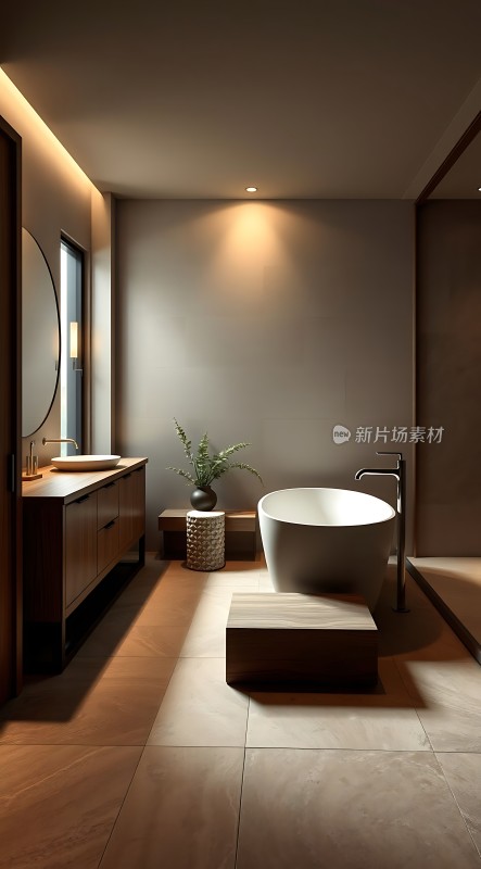 现代浴室设计简约风格浴缸、洗手台和植物装饰